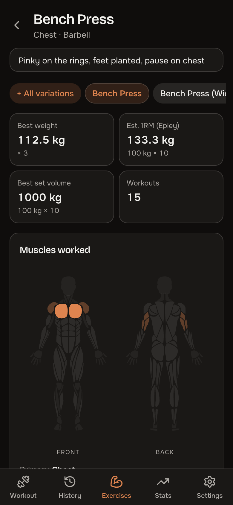 An exercise page: records, estimated 1RM chart, muscle map and history