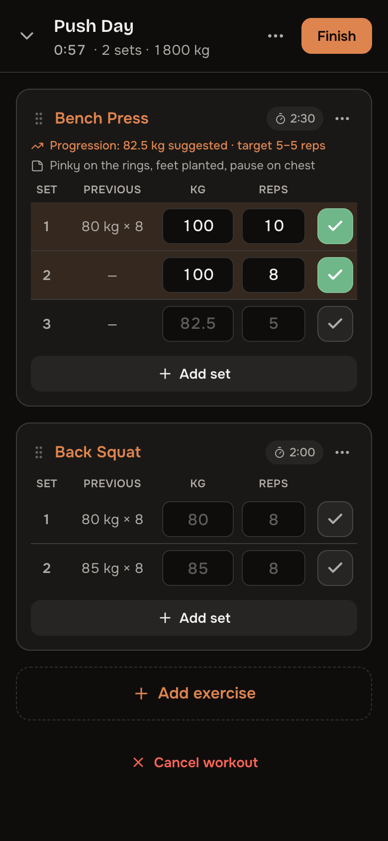 A live workout: set rows with previous-workout ghosts, checkmarks and the rest timer